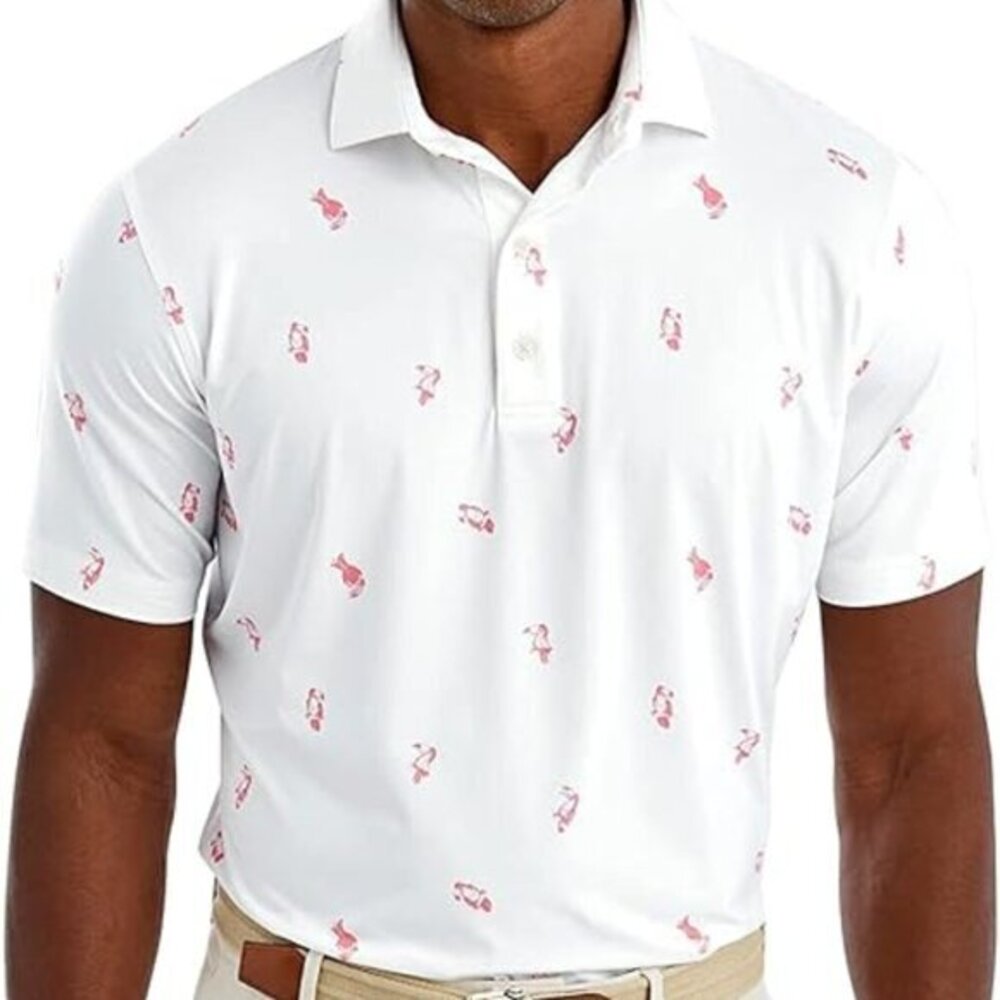 johnnie-O Mens Toutou Featherweight Performance Polo White Red Toucan Print L